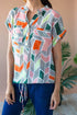 Nico Drawstring Roll Sleeve Top - Peach Geo